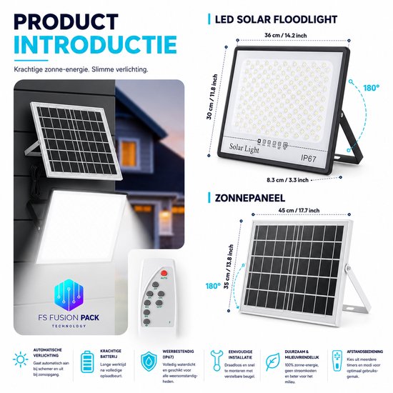 Productintroductie 100W LED zonneschijnwerper. Afmetingen: 36x30x8.3cm. Zonnepaneel: 45x35cm. Waterdicht IP67.