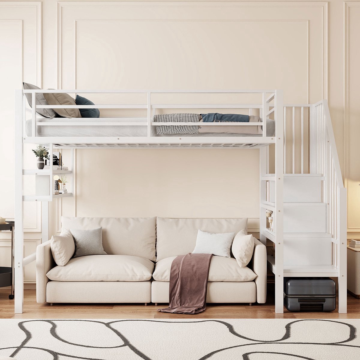 VVBV Hoogslaper 90x200 – Ladder en Veiligheidshek – Zonder Matras – Wit – met Opbergruimte – Metalen Frame – Kinder Hoogslaper
