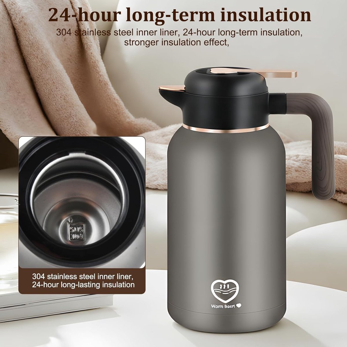 TEKROA® Thermoskan 2 Liter – RVS Isoleerkan – Koffiekan met Drukknop - Zwart - Koffie - Thee - Voor warme en koude dranken - 36u Koud / 24u Warm — cadeau in Koken & Dineren - foto 3