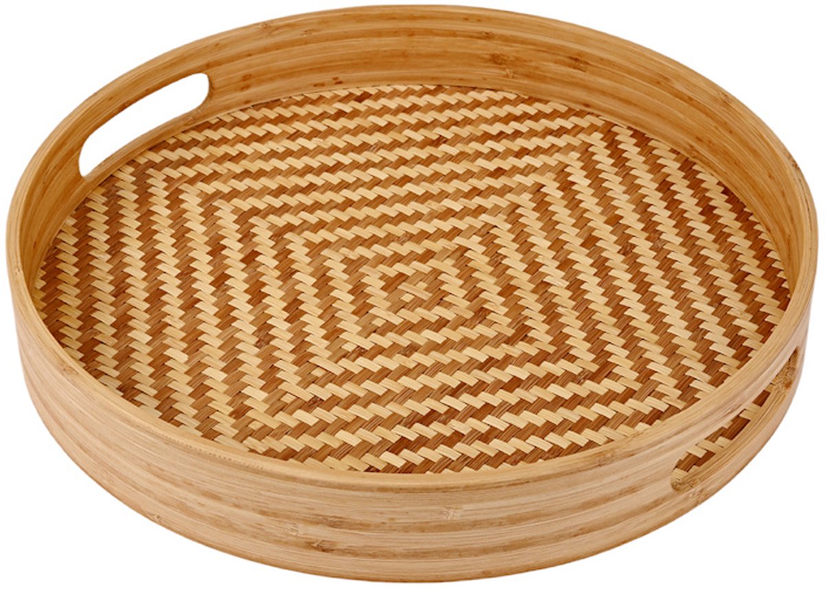 Decopatent - Bamboe Dienblad Rond - Diameter: 33 Cm - Dienblad met handvaten - Schaal - Presenteerblad - Serveerschaal - Woonaccessoires - Gevlochten Bamboe Riet - Afm: 33 x 33 x 4.8 Cm.