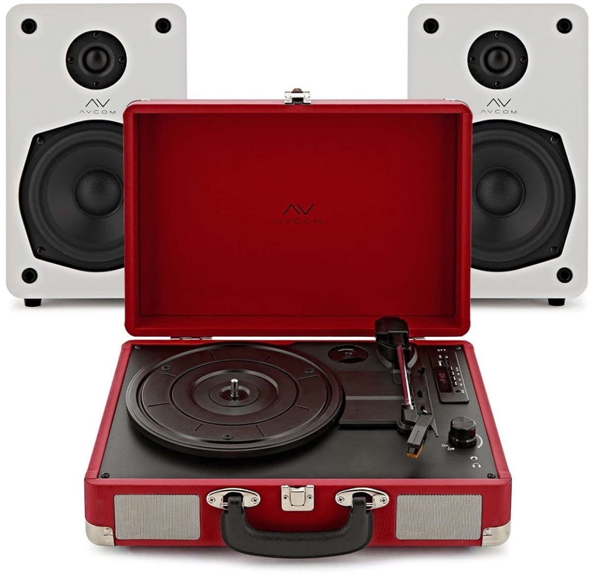 AVCOM Koffer Platenspeler met Actieve Luidspeakers, Rood & Wit