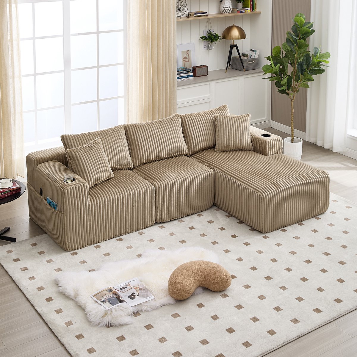 Modulaire sofaset met chaise longue en 2-zitsbank, zachte corduroy bekleding, inclusief 5