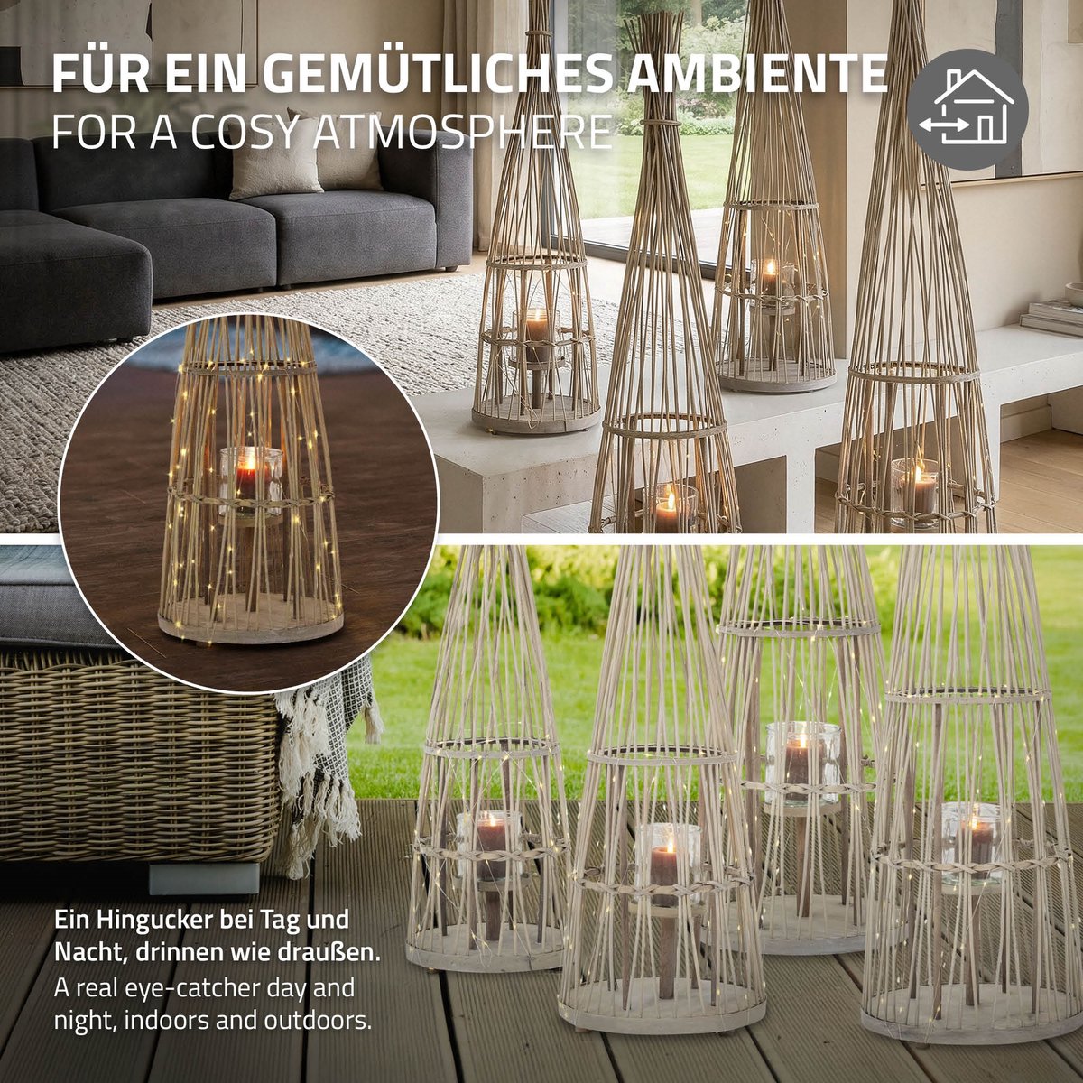 ECD Germany Bamboe lantaarn decoratieve houten windlicht serie grote kaarsenhouder van 132 cm hoog, sfeervolle led lichtketting met glazen inzetstuk luxe boho stijl tuinlantaarn gevlochten look moderne decoratie voor binnen buiten terras en woonkamer — cadeau in Wonen & Interieur - foto 5