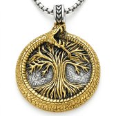 Collier doré avec pendentif arbre de vie et serpent pour homme - style Viking - symbole ouroboros - pendentif rond