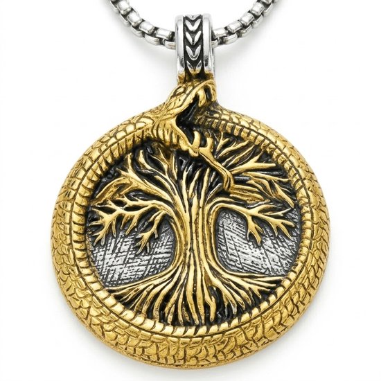 Gouden levensboom hanger met slang, omringd door een ouroboros. Zilveren detail op achtergrond.