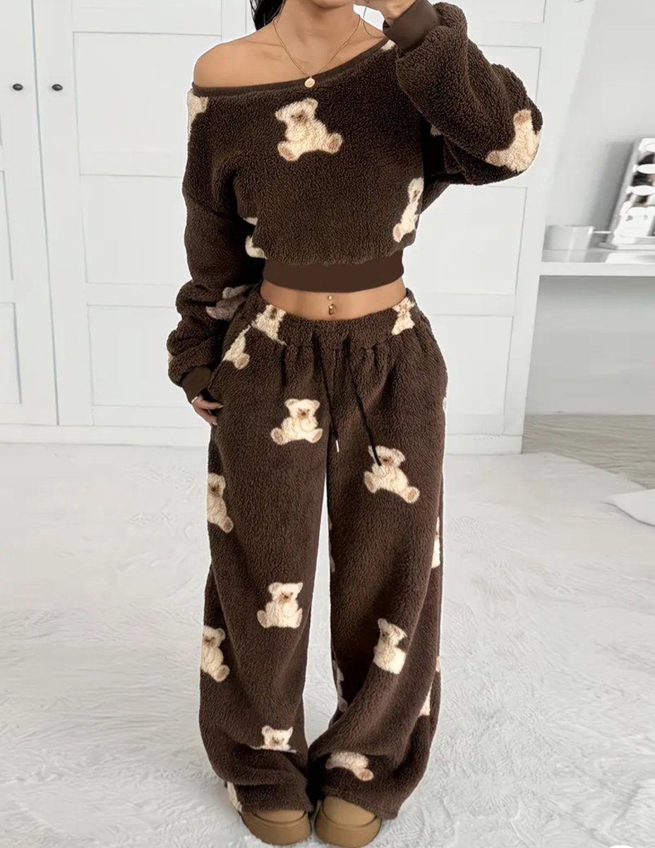 2-delige Dikke Teddy Lounge Set met Beerprint – Warm & Comfortabel Maat XL