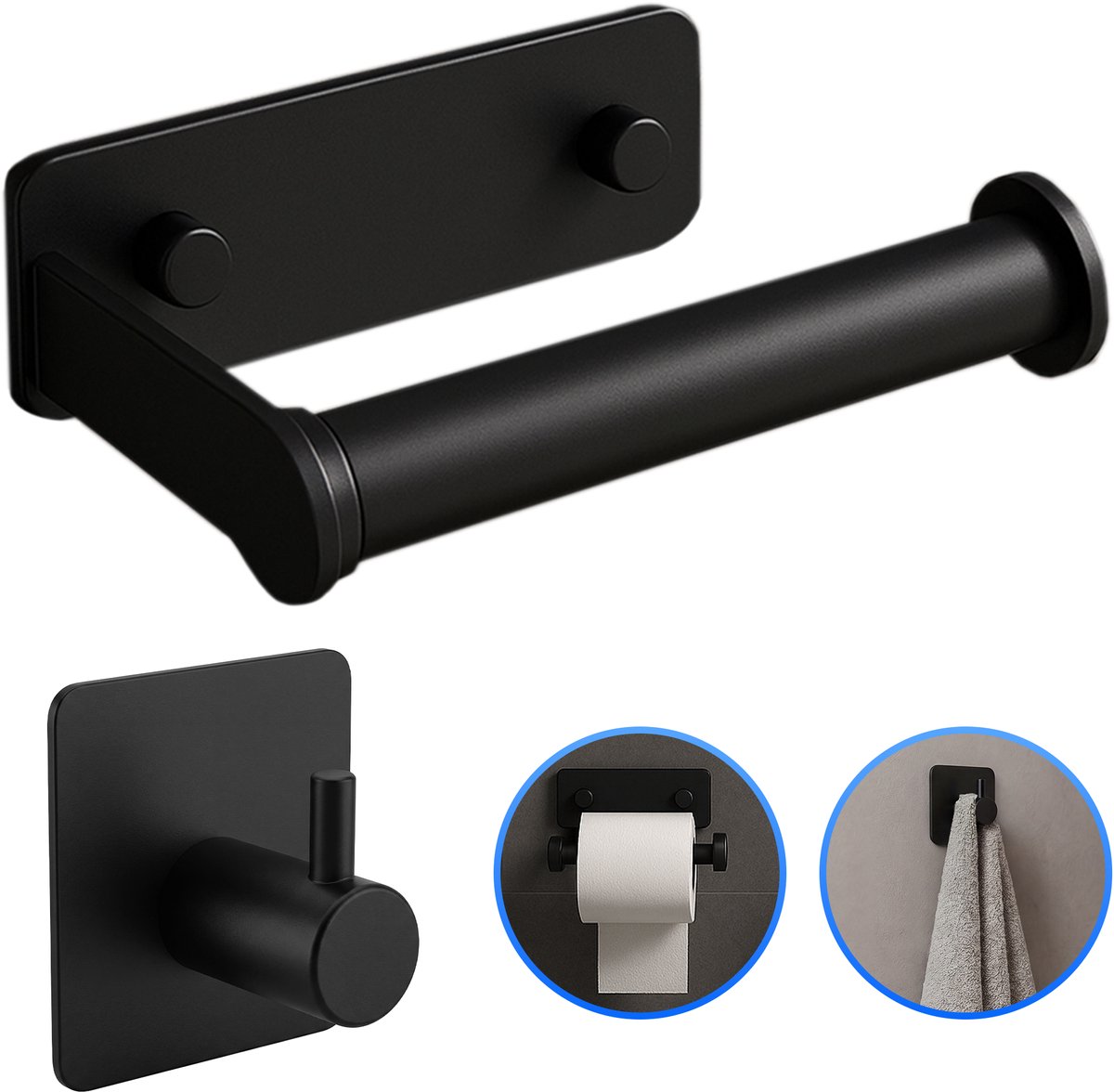Nevana Toiletrolhouder - Wc rolhouder met ophanghaakje - WC Papier Houder - Badkameraccessoires - Reserverolhouder - Boren / Zonder boren / Zelfklevend - Zwart