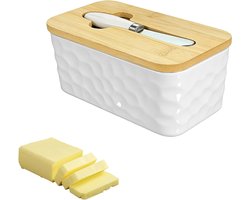 Grote Porseleinen Botervloot met Houten Deksel en Mes, Ideaal voor 300g Boter, Perfect voor Keuken en Tafeldecoratie
