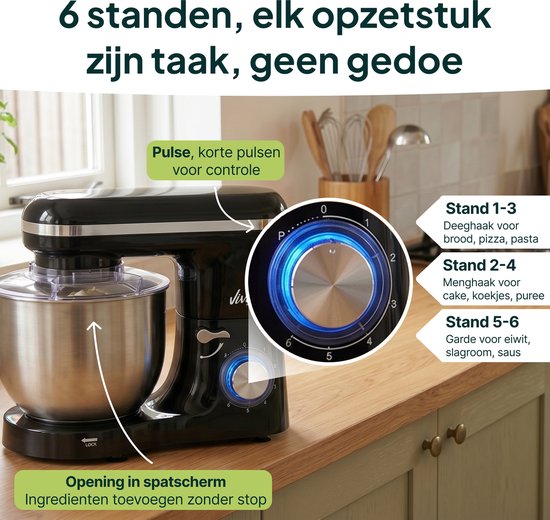 Keukenmachine 2000W - Keukenrobot - Foodprocessor - Keukenmixer met RVS Mengkom - Incl. 5 Accessoires - 6.2L - Zwart - Vivid Green van Vivid Green — afbeelding 2