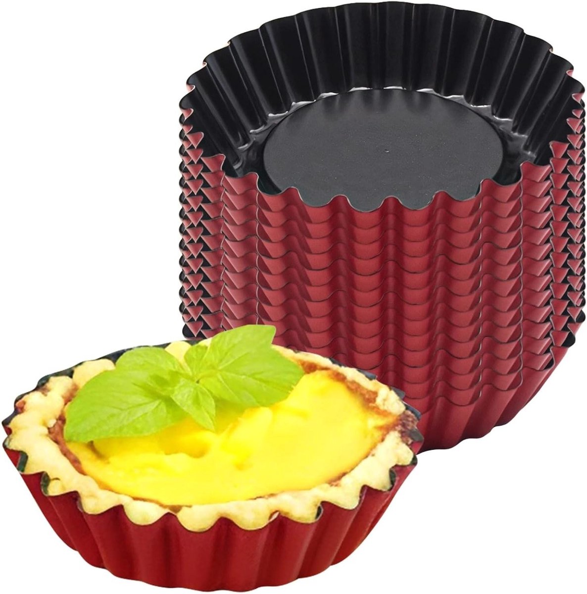 Mini Bakvormpjes - Taartvormpjes Ronde Vormen - Mini Taarten Bakken - Verwijderbare Bodem - 75 cm - Rood Zwart