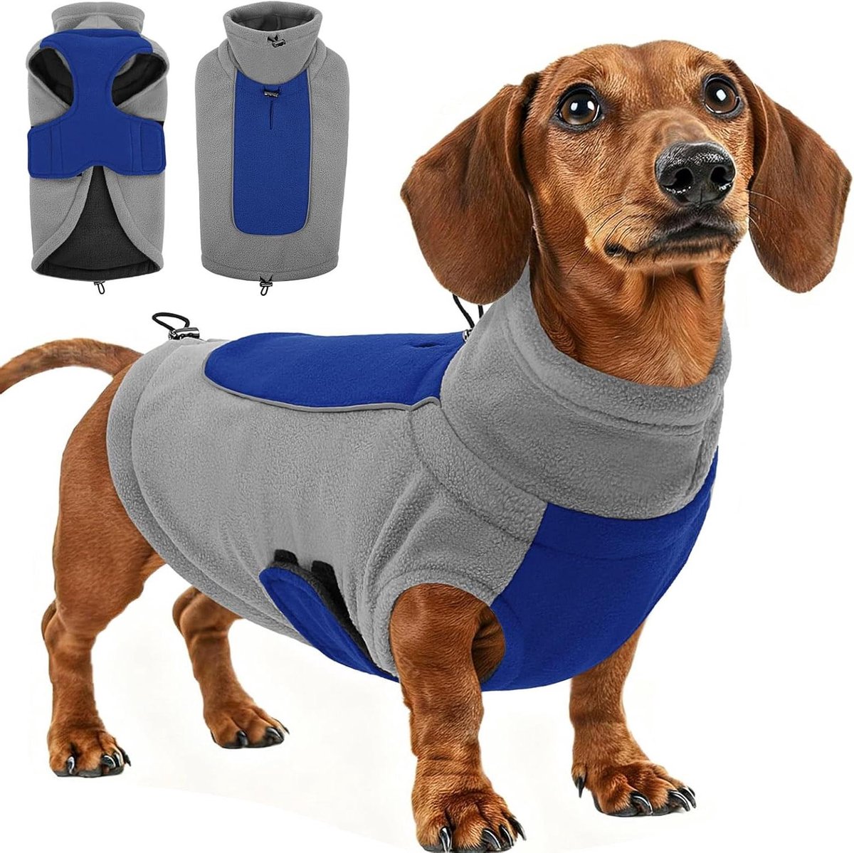 Hondentrui Fleece Winter - Hondenjas Warm - Bescherming Tegen Kou - Dubbel Gevoerd Winddicht - Borst 48cm Nek 33cm - Blauw