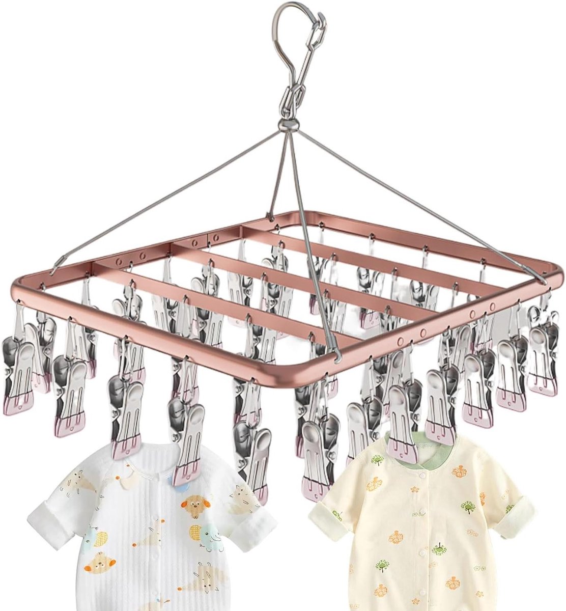 Kledinghanger met Knijpers - Broekendroger Clips - Kleding Drogen - Stevig Aluminium Frame - 37x31x37cm - Roségoud