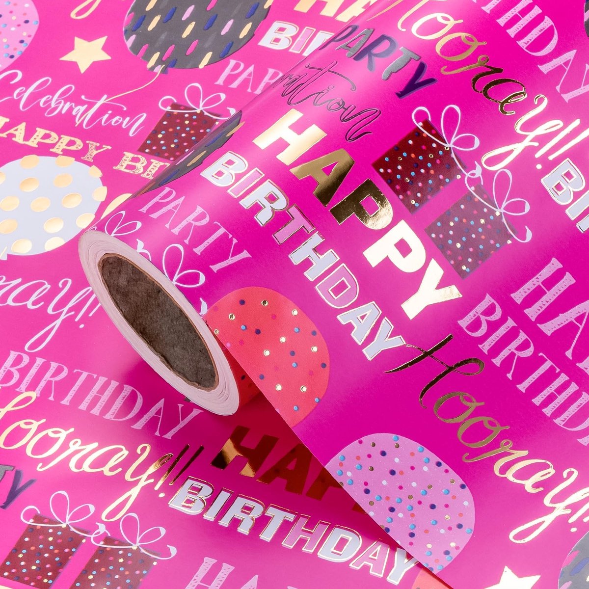 NTHProducts - Verjaardagscadeaupapier - Goudfolie - Perfect voor feestjes - Hot Pink - Cadeauverpakking - Geschikt voor verjaardagen - 43.2 cm x 5 m