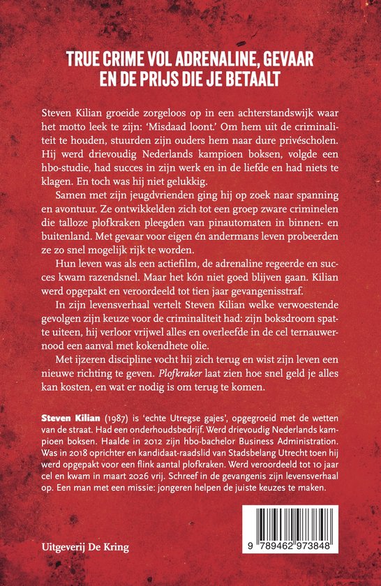 Achterkant van het boek "Plofkraker" met tekst en ISBN.