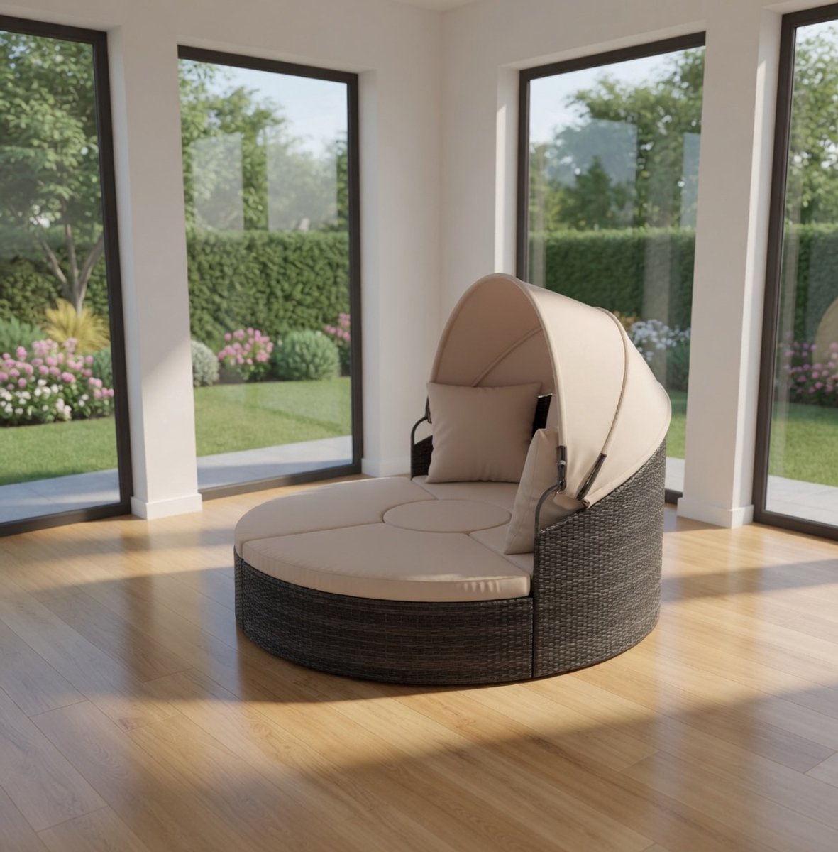 Solar Island with Roof and Table, Rattan for 2 Persons, Sun Lounger with Seat and Back Cushions, Outdoor Lounge Furniture, Round Reclining Island for Garden, Patio -industroHome