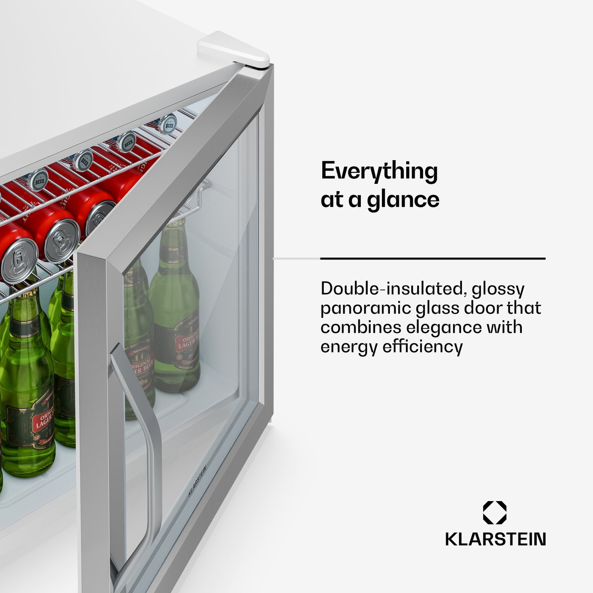 Klarstein drankkoelkast met glazen deur - 47 liter mini-drankkoelkast, ledverlichting, dubbel glas, verstelbare planken, 0-13 °C, onderbouw, stil Zilver