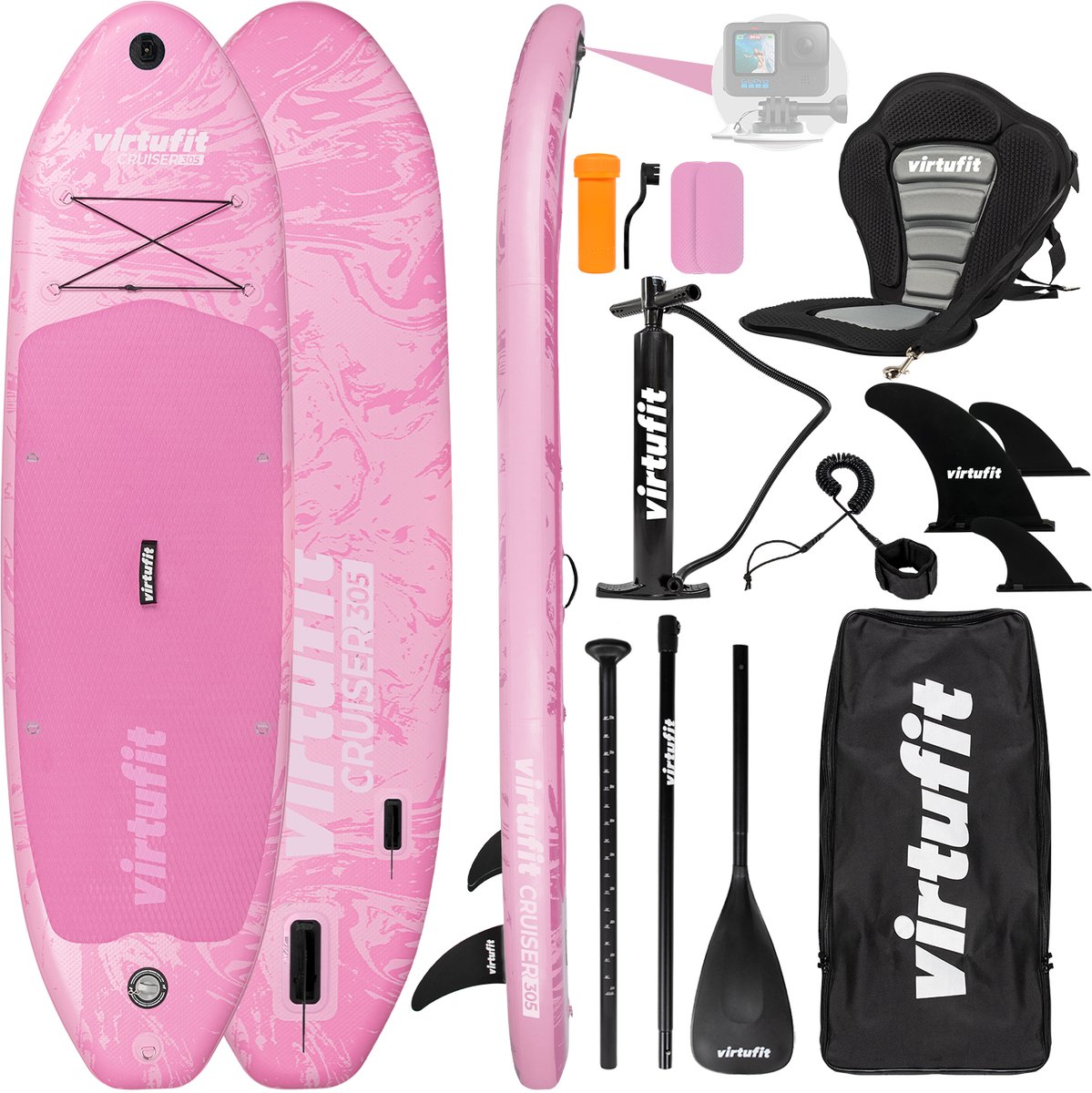 Bol.com VirtuFit Cruiser Opblaasbaar SUP Board 305 cm - Max. 180 kg - Complete Set - Incl. Kajak Zitje, Peddel, Pomp, Tas & GoPr... aanbieding