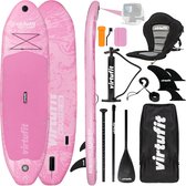 Roze VirtuFit Cruiser 305 SUP board set met accessoires: peddel, pomp, kayak zitje, vinnen, tas en GoPro-mount.