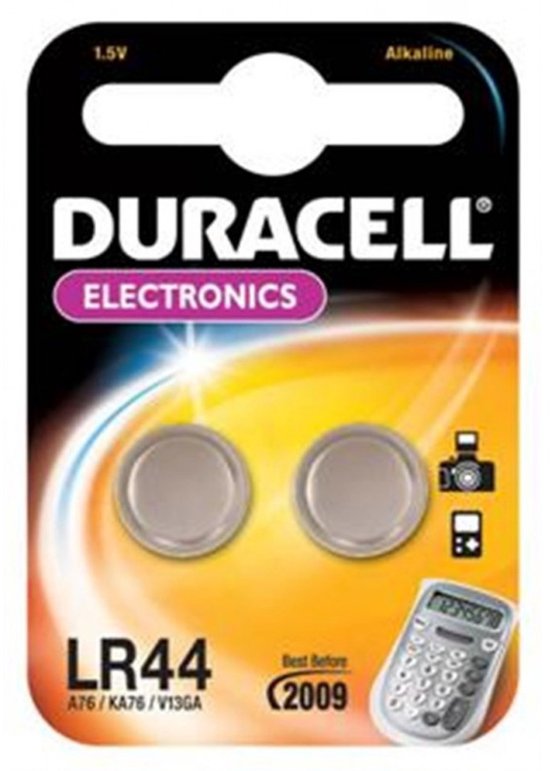 Duracell Electronics LR44 batterijen, 1.5V, in oranje verpakking met twee zilveren batterijen.