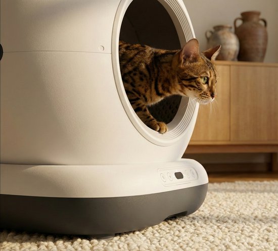 Bengalese kat kijkt uit een witte, ronde Zedar kattenbak met een zwart basis.