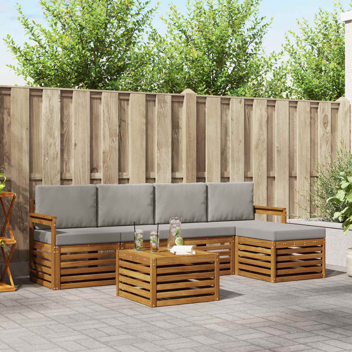vidaXL Buiten - bank - set - 6 - st - 5-zits - Naturel - en - lichtgrijs Naturel en lichtgrijs