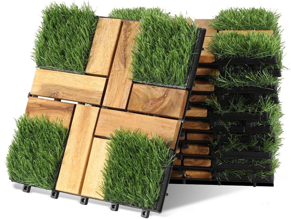 Houten Tegels - Balkontegels Terrastegels - Buiten Vloer Verfraaien - Acaciahout met Kunstgras - 30 x 30 cm - Bruin Groen