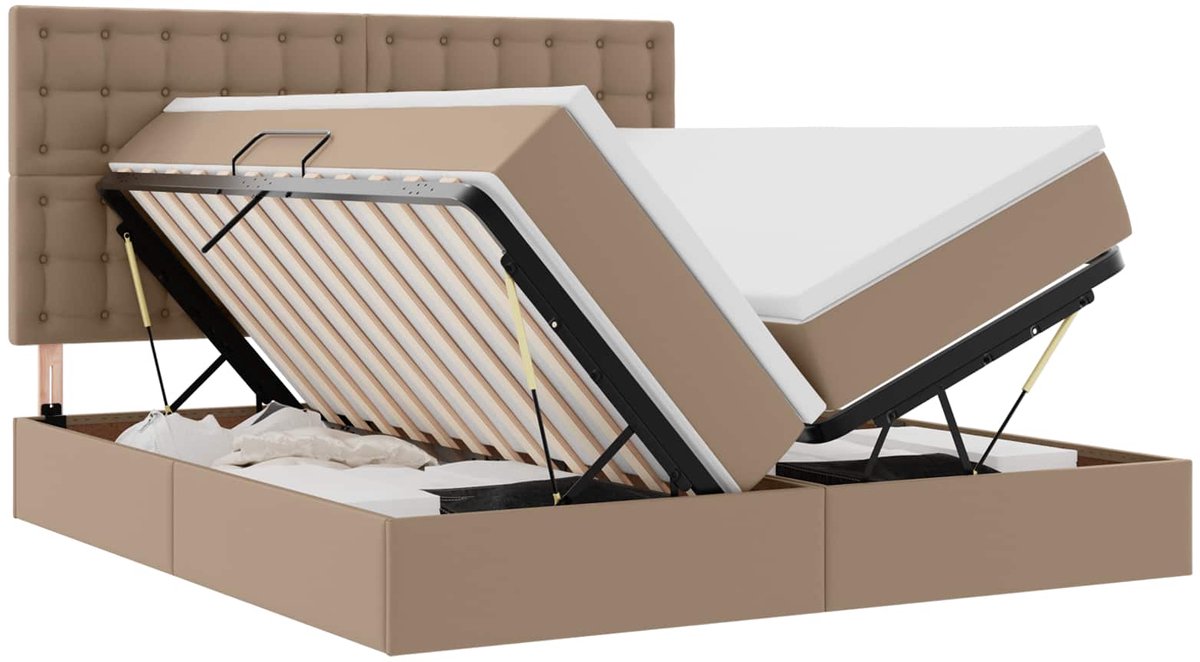 vidaXL Opbergbed - met - LED - met - opslag - Cappuccino - 180 - x - 200 - cm - Kunstleer