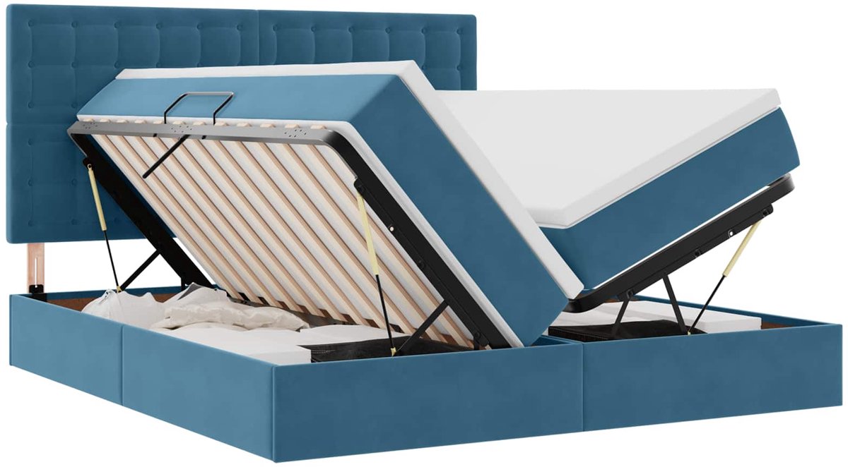 vidaXL LED - opbergbed - met - matras - Donkerblauw - 200 - x - 200 - cm - Fluweel