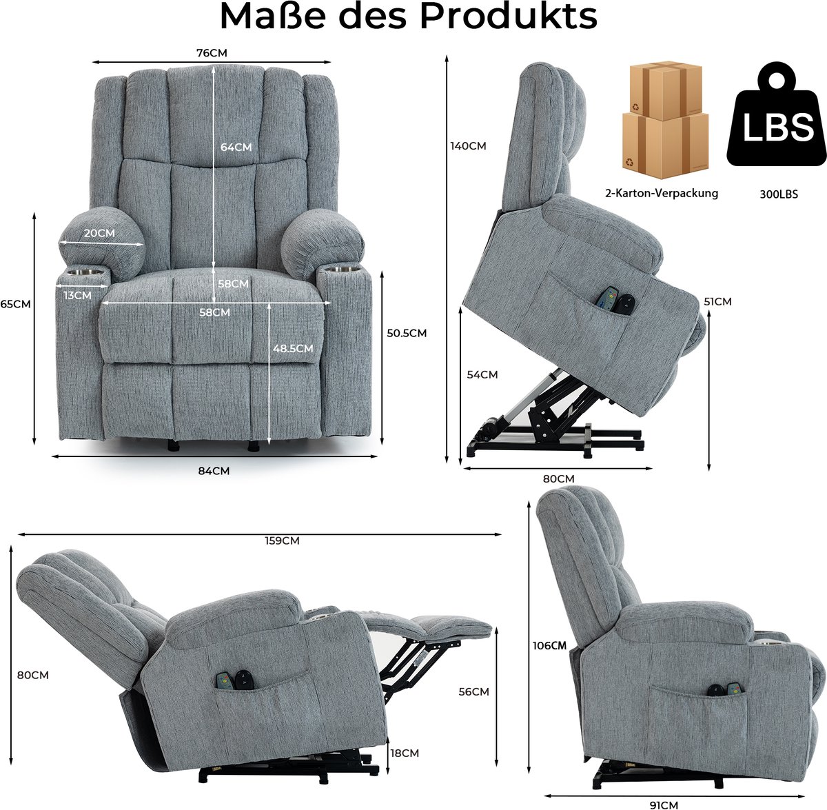 MIVRAY Sta-op Stoel - Elektrische Relaxfauteuil Met Massage En Warmte - Voor Senioren En Woonkamer - Fluweel Lichtgrijs – foto 7
