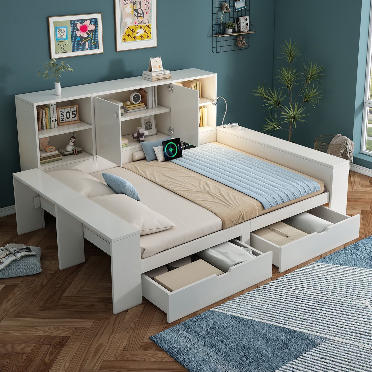 Sweiko Slaapbank - 140 x 200 cm - Inclusief 2 lades - USB/Type-C - Opbergruimte - Wit