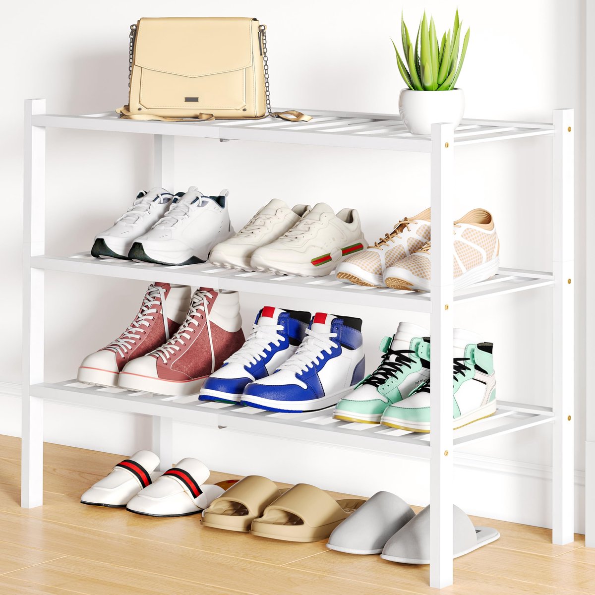 Homaxy Schoenenrek (3 niveaus) - Bamboe Schoenenrek - Houten Schoenenkast -Schoenenrek hout -wit