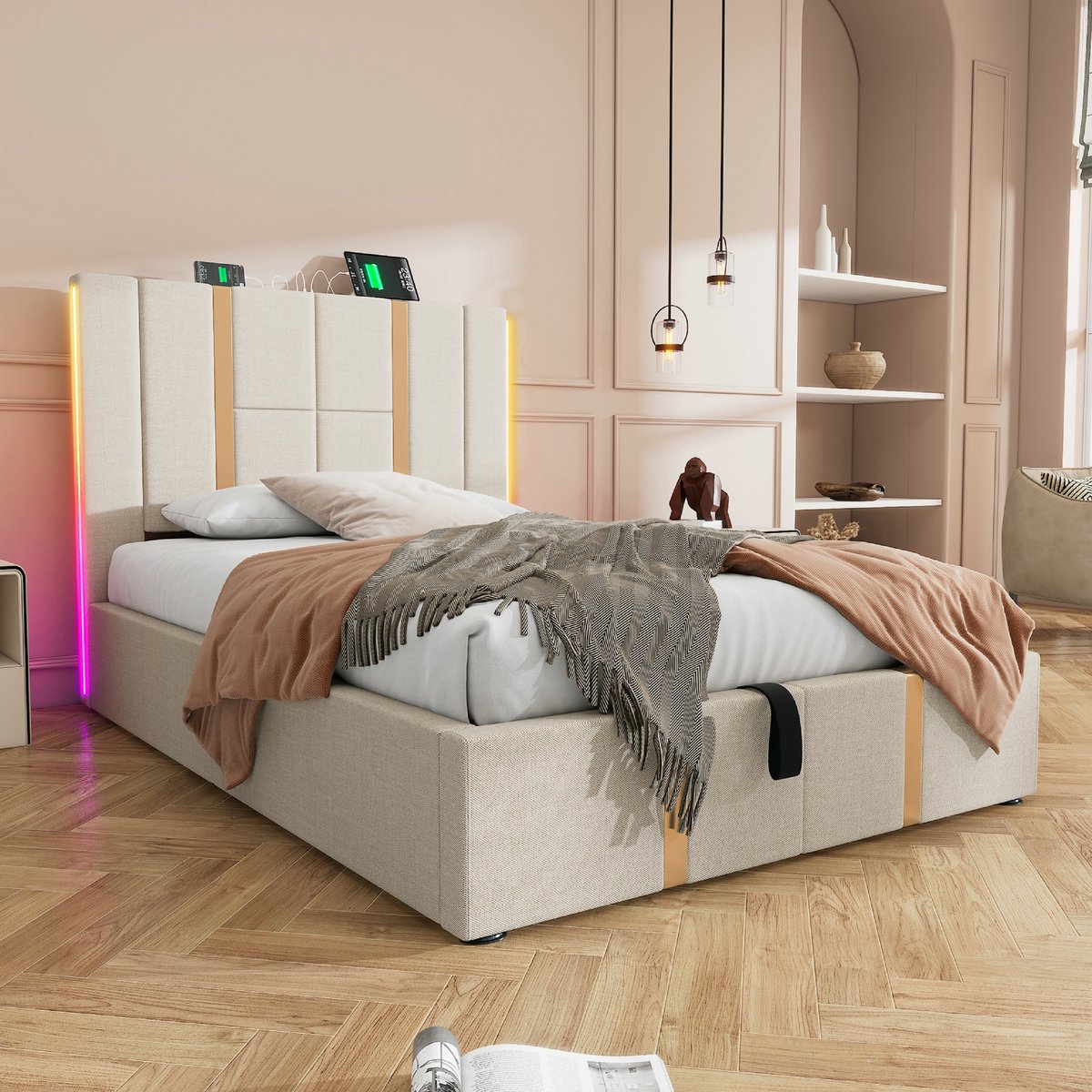 VVBV Bed met opbergruimte 90x200 / Eenpersoonsbed 90x200 – met LED-Verlichting, USB, Lattenbodem – Linnen – Beige – Zonder Matras