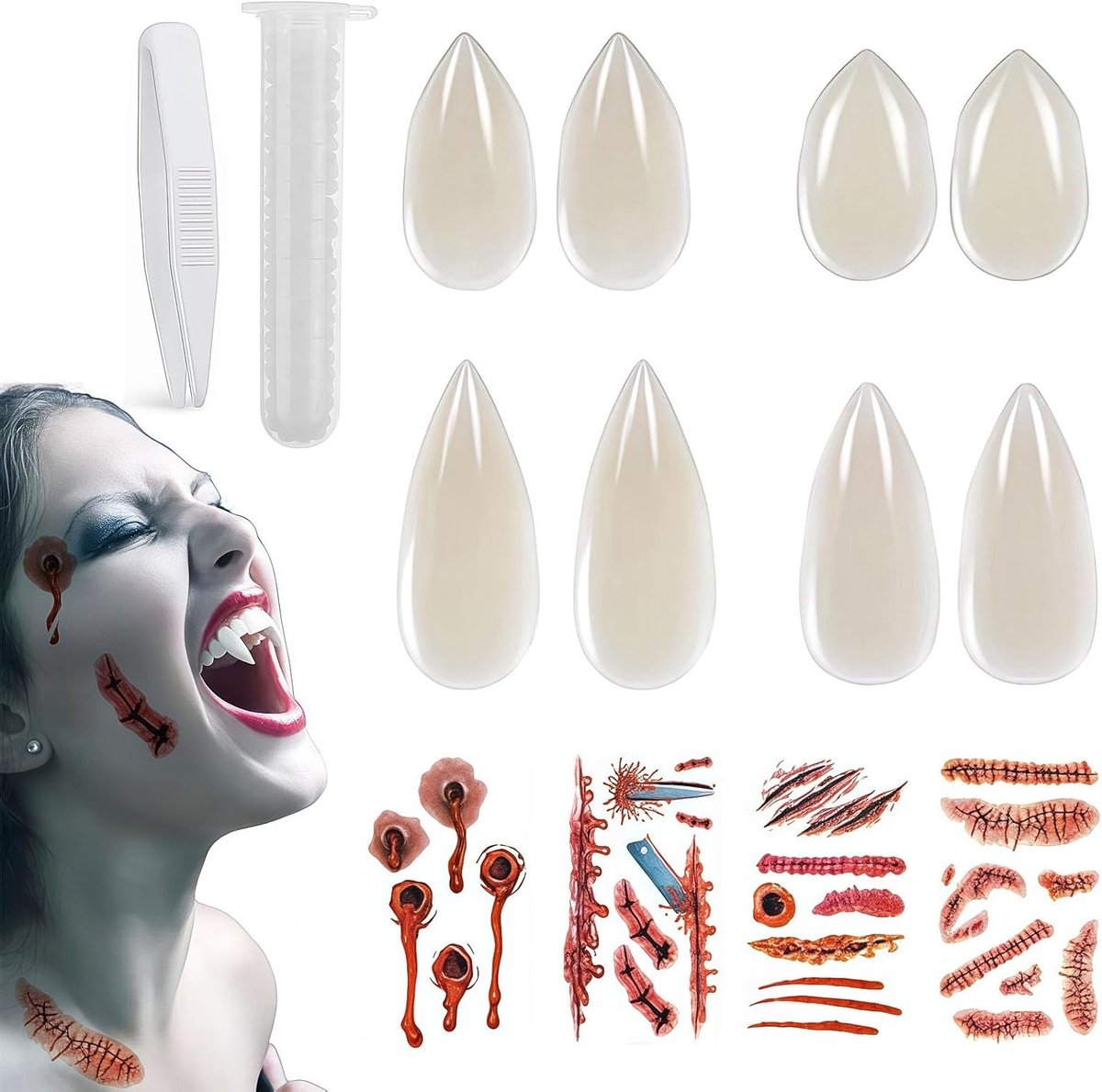 Vampier Tanden Set met Tattoo Stickers en Plakstickers voor Halloween en Cosplay Feestjes, 4 Paar Tanden en Accessoires