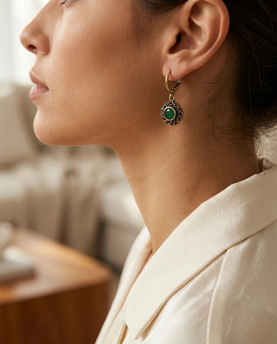 Dorvina Bronzen Oorbellen Authentiek Sieraad Groen Smaragd Kristal Steen Rond Spiraal Rond Model Vintage Dames Oorbellen