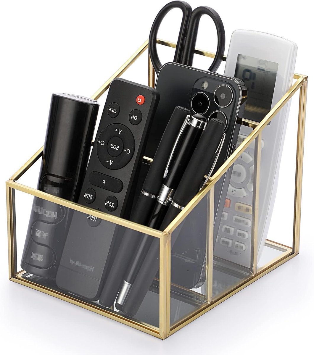 Multifunctionele Organizer voor Afstandsbedieningen - 3 Slots, Goud Metaal en Helder Glas - Desk Organizer voor Thuis en Kantoor