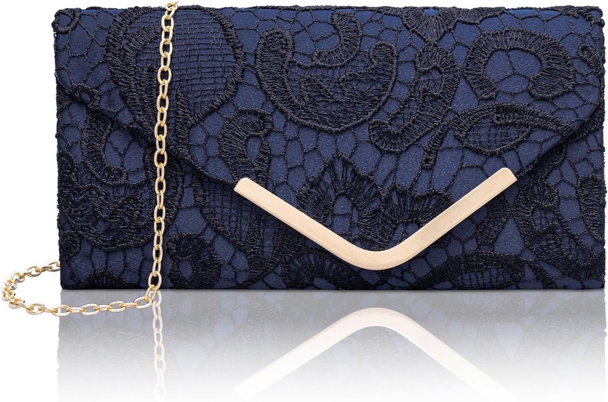 Elegante Clutch in Donkerblauw met Kanten en Satijn, Verwijderbare Schouderband, Vintage Avondtas voor Bruiloft en Feest, 22 x