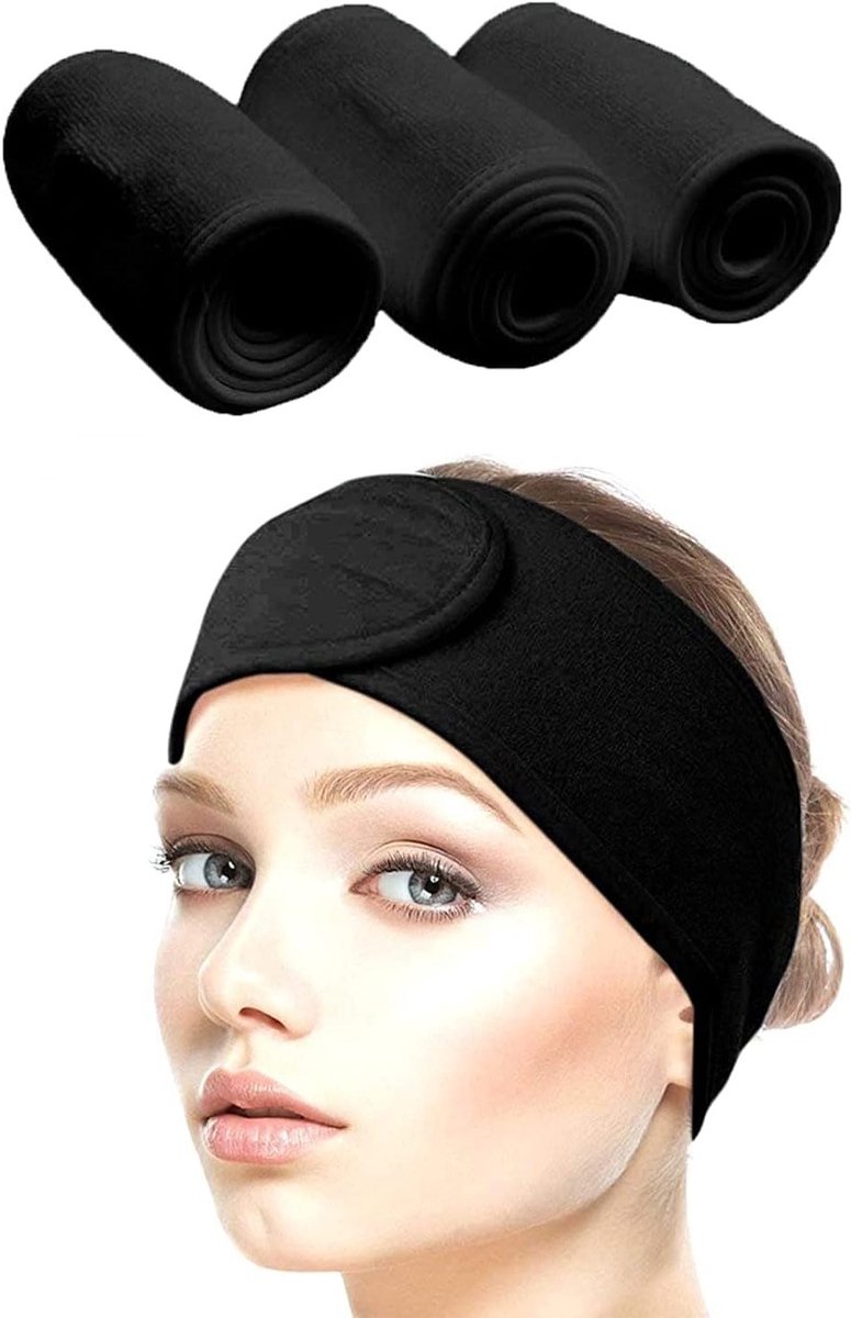 Verstelbare Haarband voor Make-up en Cosmetica - 3-Pack Zachte Terry Cloth Haarbescherming met Klittenband (Zwart)