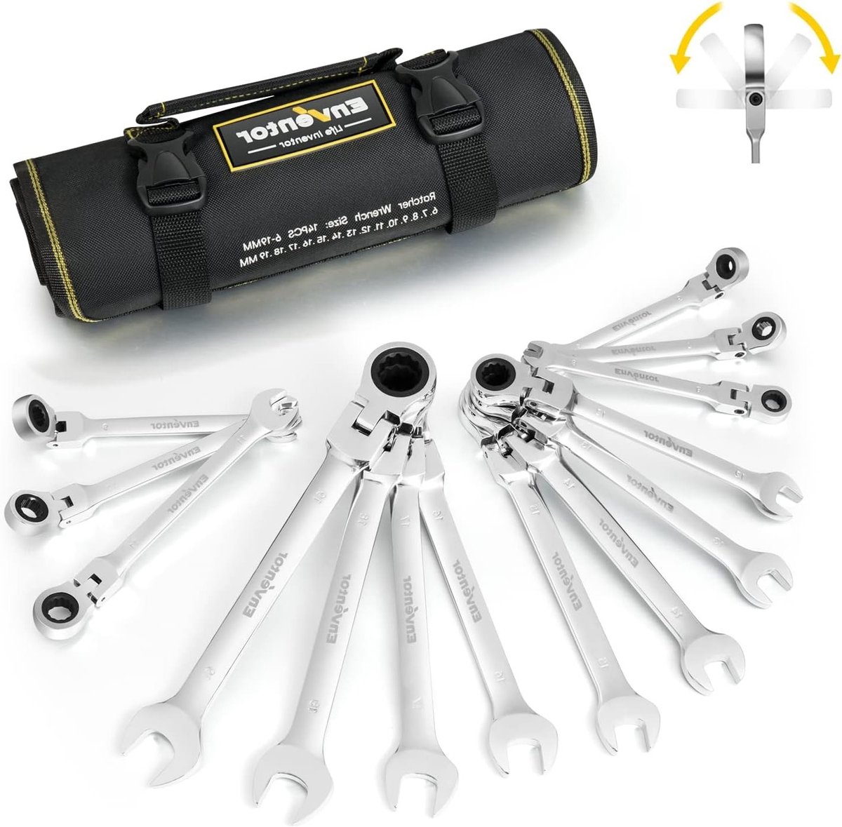 14-delige Ratchet Sleutelset 6 - 19 mm met 72 Tanden, 5° Zwenkhoek, Chrome Vanadium Staal en Oxford Tas - Professionele Gereedschapset voor Kluswerk en Onderhoud