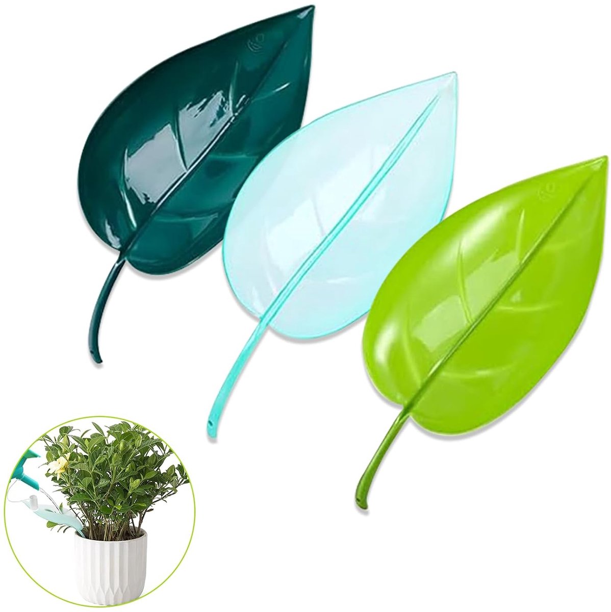 Gieter - Plantenwatertrechter - 3 stuks - Bladvormige Waterfunnel voor Bloempotten - Diepwortelirrigatie - Binnen en Buiten - Lichtblauw, Lichtgroen, Groen - 19x7,5 cm