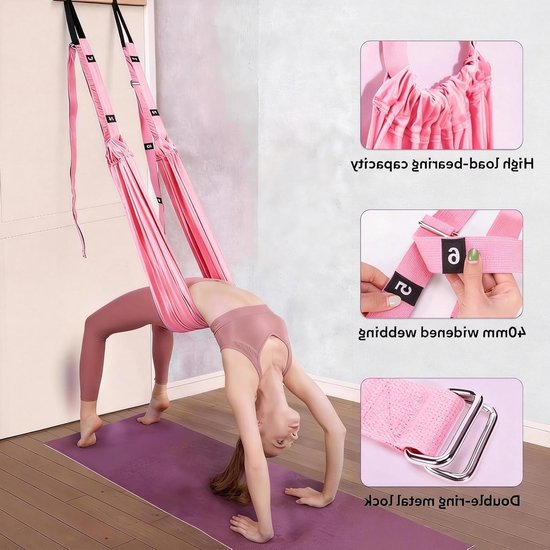Verstelbare yoga-riem in roze voor oefeningen, luchtstof hangmat, ideaal voor fitness, pilates en dans — afbeelding 2