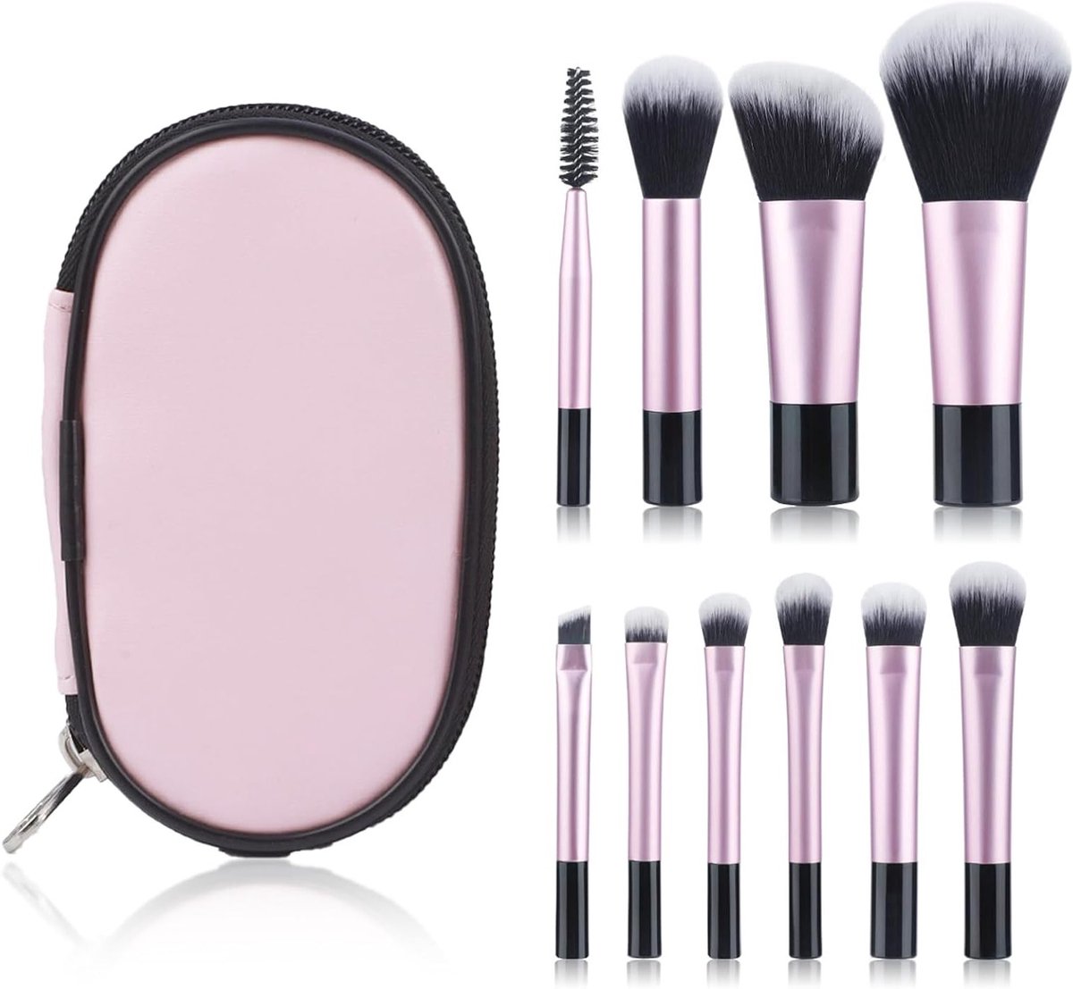 Set van 10 Mini Make-upkwasten voor Oogschaduw, Blush en Foundation met Opbergtas (Roze)
