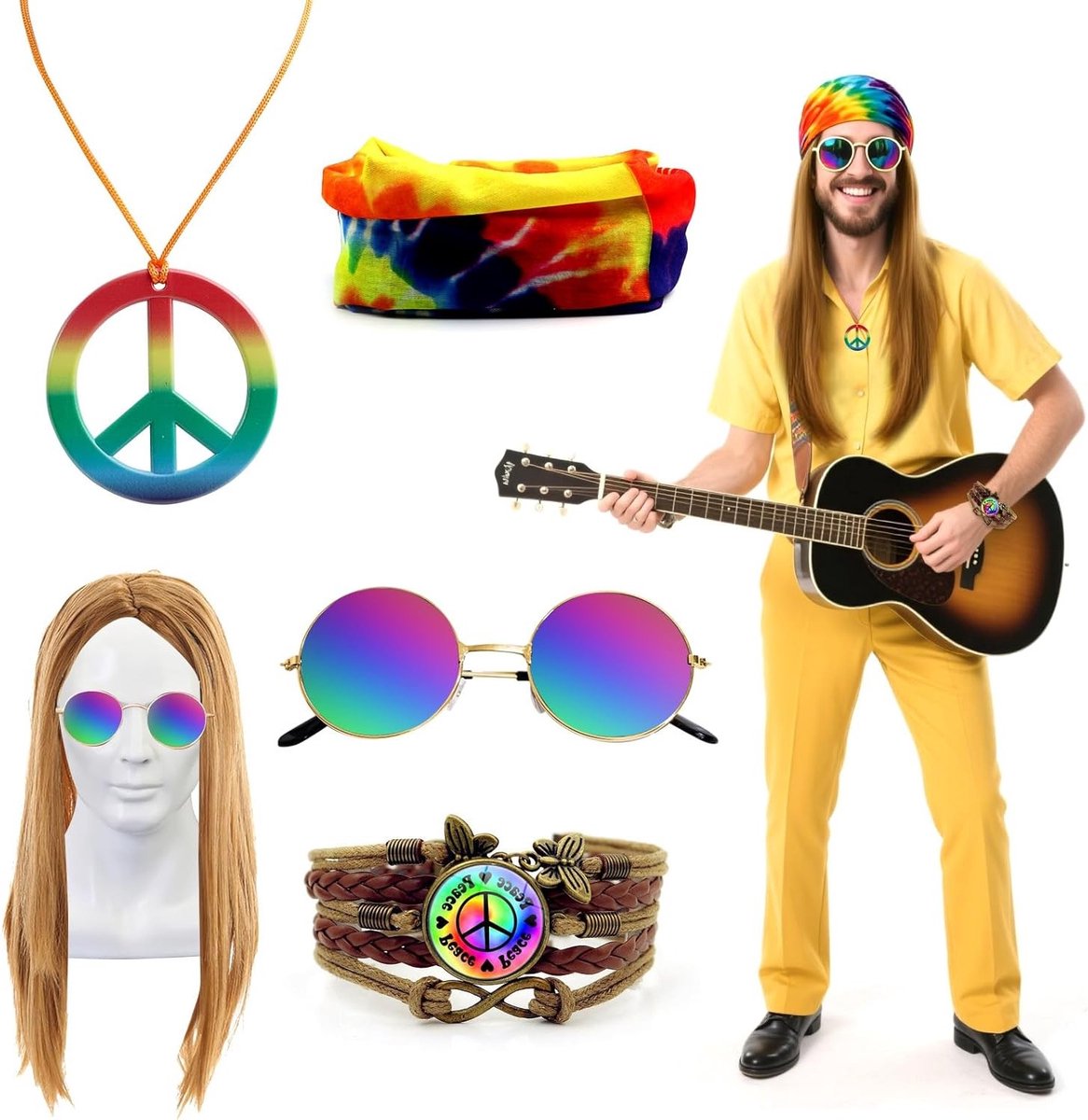 Set van 5 Hippie Accessoires voor Mannen - Wigs, Kostuum en Feestartikelen voor 60s en 70s Themafeesten, Halloween en Carnaval