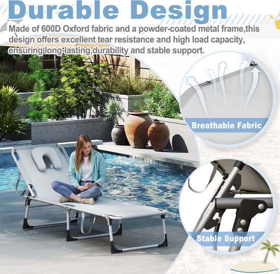 Opvouwbare Ligstoel 190 cm - Lichtgrijs - Verstelbare Strandstoel met Kussen - 160 kg Belastbaar - Zonneligbed voor Tuin, Strand & Camping - 600D Oxford — afbeelding 5