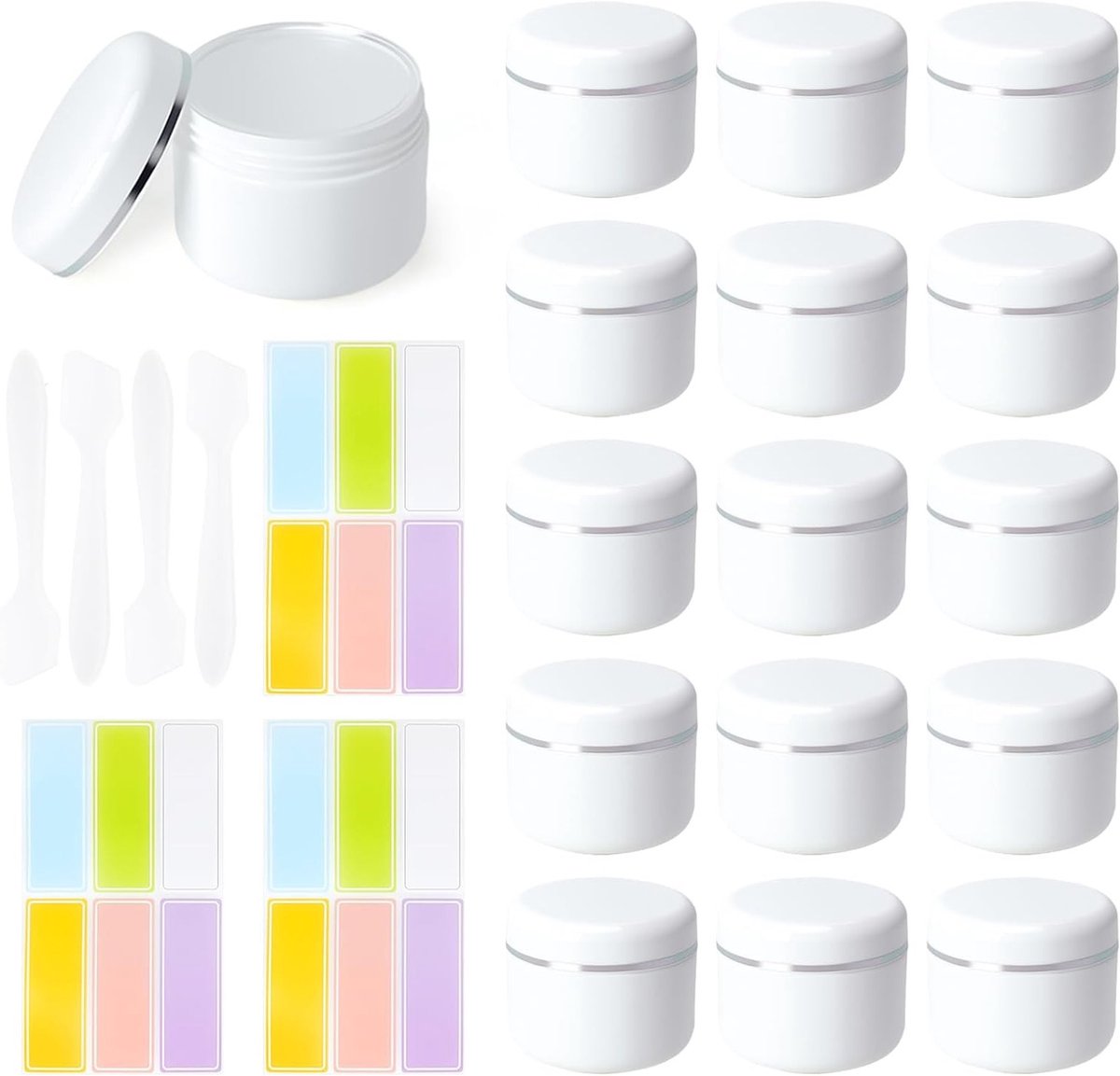 Set van 15 lege 50 ml crèmepotjes met schroefdop, ideaal voor DIY cosmetica, opslag en reizen, inclusief 4 spatels en 3 labels