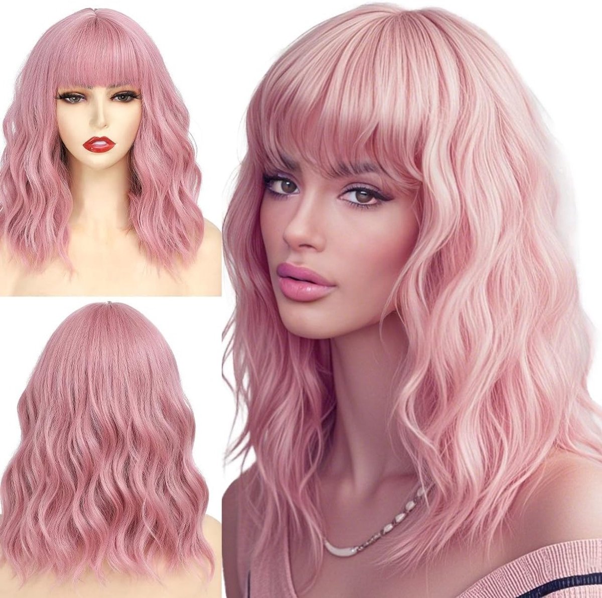 Korte Bob Perucque met Pony - Golvend en Krullend, Schouderlengte, Synthetisch, Hittebestendig, Perfect voor Cosplay en Feestkleding