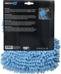 Achterkant van de verpakking van een blauwe chenille microvezel washandschoen met productinformatie en afbeeldingen.