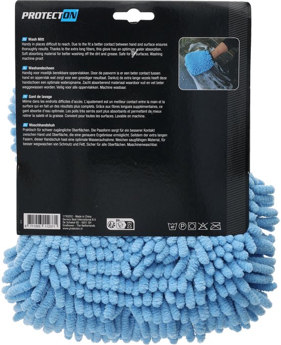 Achterkant van de verpakking van een blauwe chenille microvezel washandschoen met productinformatie en afbeeldingen.