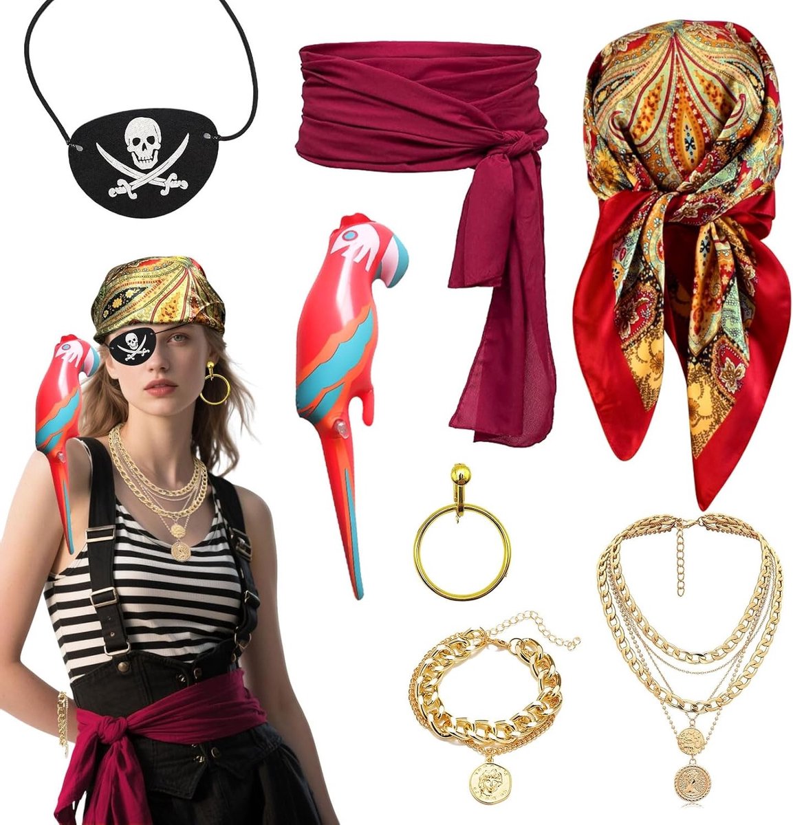 7-delige kostuumaccessoiresset voor vrouwen, middeleeuwse piratenoutfit met hoofddoek, riem, oorbel, ooglapje, kettingarmband en opblaasbare papegaai