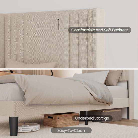 Tweepersoonsbed 120x200 cm Gestoffeerd Bedframe met Metalen Frame en Houten Lattenbodem met Opbergruimte – Modern Comfortabel Stil Design Beige – Laura