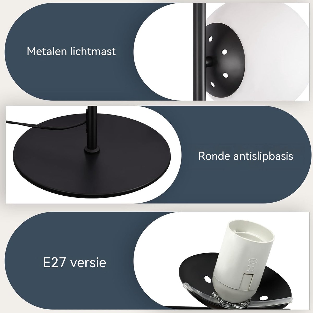Glitzerlife - Moderne Industriële Vloerlamp - Zwart Staande Lamp - 3 Lichtbronnen - Vintage Design - E27 Voetlamp - Retro Vloerlamp - Metaal en Glas - Voor Woonkamer en Slaapkamer -150cm thumbnail 2